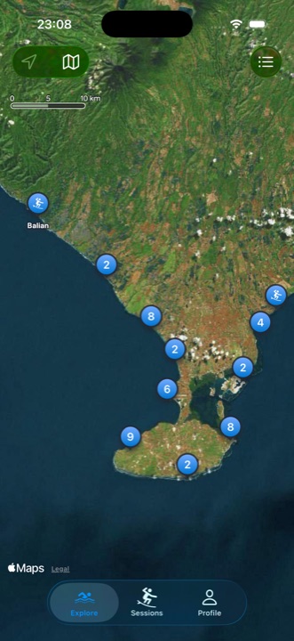 Satellite map of Bali with Surfbreak spot pins clustered along the coast