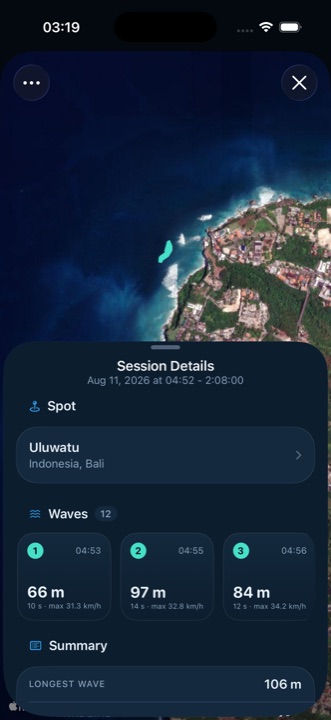 A finished Surfbreak session over a satellite map, with each wave ride drawn on the water