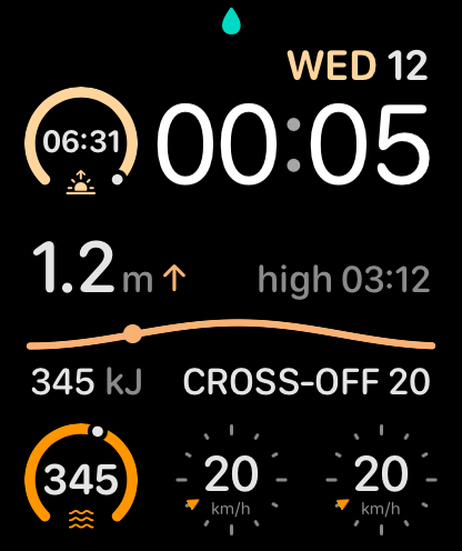 Surfbreak watch face complications: sunrise countdown, water level with the tide curve, wave energy and wind